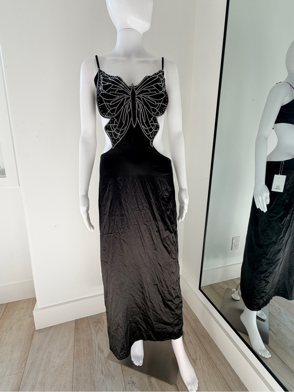 SAYLOR Black Satin Slip Dress Butterfly & Rhinestone Top w/ Open Back 🦋